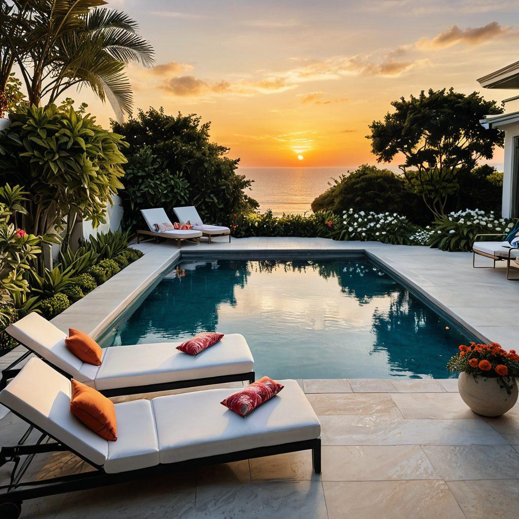 A chic outdoor living space by the coast featuring elegant furniture and stylish beach-themed decor. Showcase a sleek swimming pool with lounging areas adorned with trendy bikinis draped over chairs. Include lush greenery and vibrant flowers to enhance the coastal feel, capturing a serene sunset background. super-realistic. vibrant colors.