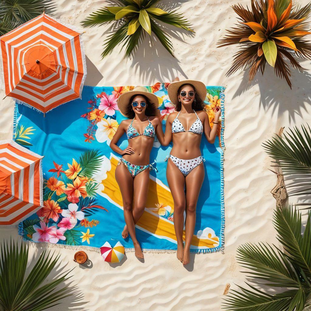 A sun-soaked beach scene showcasing a variety of chic bikinis on stylish models, paired with elegant home decor elements like colorful beach towels and floral umbrellas. Include vibrant tropical plants and soft beach sand to create a warm atmosphere. The sky should be bright blue with fluffy white clouds, conveying a sense of relaxation and style. super-realistic. vibrant colors. summer vibe.