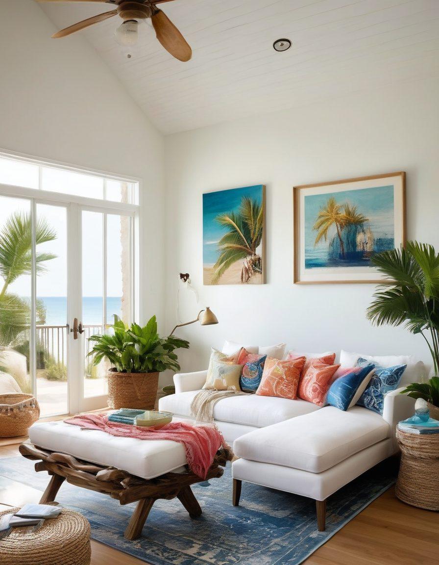 A stylish living room seamlessly blending beach-themed decor with vibrant swimwear accents, featuring a cozy ambiance of sunlit spaces, nautical elements like shells and driftwood, and chic textiles. Include a beautiful chaise lounge draped with colorful swimwear and fresh tropical plants enhancing the vibe. The scene should evoke a warm, inviting atmosphere reminiscent of a coastal retreat. bright colors. modern design. super-realistic.